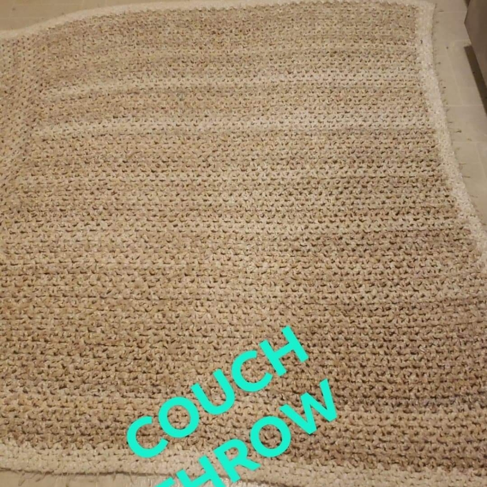 Cream and White Fluffy Crocheted Throw Blanket